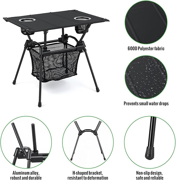 GARLLEN Folding Camping Table Ultralight Compact Beach Table with Fabric Tabletop Portable Folding Picnic Table with Cup Holder &amp Storage Net for Sand Camping Outdoor 23.2“L x 15.7”W