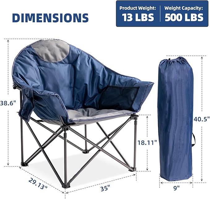 Oversized Camping Chair with Cup Holder &amp Carry Bag - 500lbs Heavy Duty Moon Saucer Chair for Outdoor Lawn Sports Patio - Padded Folding Sofa Chair Light Blue &amp Gray