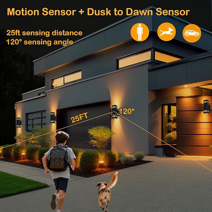 Dusk to Dawn Motion Sensor Porch Light with 3 Lighting Modes Aluminum Exterior Light Fixtures25ft Detection Range Waterproof Sconce for Entryway Patio GarageETL Listed
