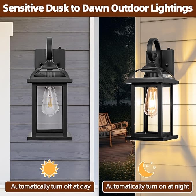 2-Pack Outdoor Wall Lights Dusk to Dawn 15 Inch Aluminum Anti-Rust Exterior Light Fixture with IP65 Clear Tempered Glass Large Outside Wall Sconce Lanterns for House Matte Black