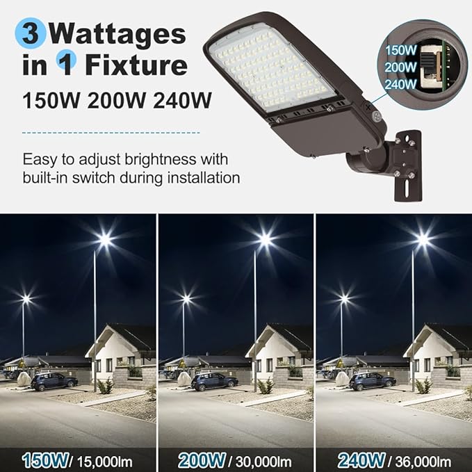 240W LED Parking Lot Light with Photocell Commercial Outdoor Pole Lights with Slip Fitter &amp Arm Mount in 1 36000LM 5000K 100-277V IP65 Dimmable 240W/200W/150W Power Selectable ETL