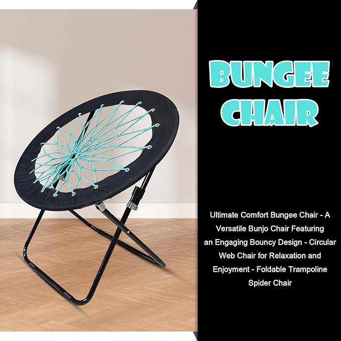 2 Pack Bungee Bunjo Folding Chair Saucer Dish Chair Bunjo Chair Outdoor Indoor Use for Camping Game&amp Recreation Room Livingroom Study (BLACK-2PK)