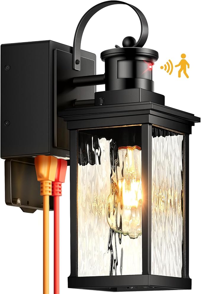 Outdoor Porch Light with GFCI Outlet Black Motion Sensor Exterior Lighting Fixtures Wall Mount for House with Water Ripple Glass Anti-Rust Waterproof Outdoor Wall Sconce Lantern for Garage