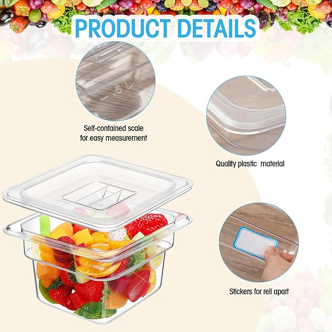 15 Pcs Plastic Clear Food Pan Set 1/6 Size Clear Food Pan with Lid Tongs Spoons Stickers Stackable Food Storage Container Restaurant Hotel Commercial Pan for Fruit Vegetable (4 Inch Deep)
