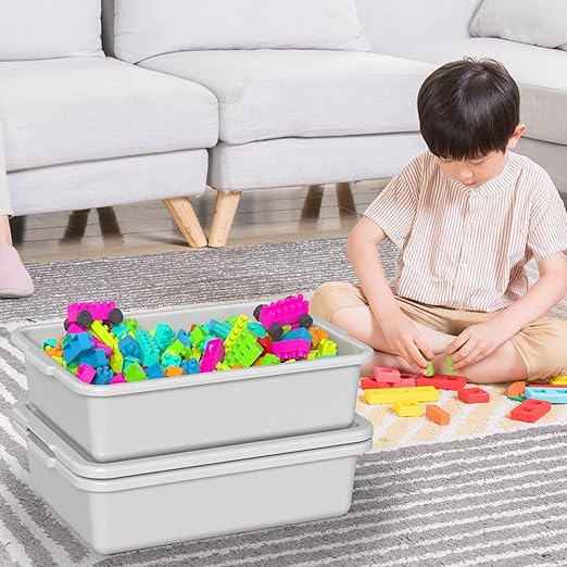 13 L Small Commercial Bus Tubs with Lids Plastic Bus Tub Tote Box with Lid Light Gray 12 Packs
