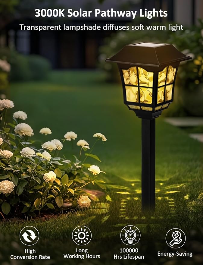 Solar Pathway Lights Outdoor 8 Pack Waterproof Solar Powered Garden Light 3000K Warm White LED Path Landscape Lighting Auto On/Off Outside Decor Lights for Garden Yard Walkway Driveway Lawn