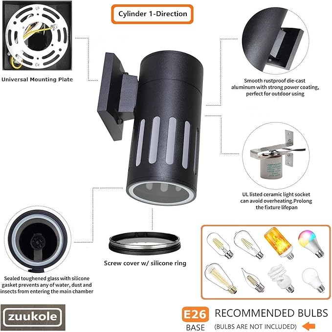 Outdoor Wall Sconce Exterior Lighting Fixture - ETL Listed Die-cast Aluminum Waterproof Wall Mount Cylinder Design - 1-Direction Up or Down Light Fixture for Porch Backyard or Patio