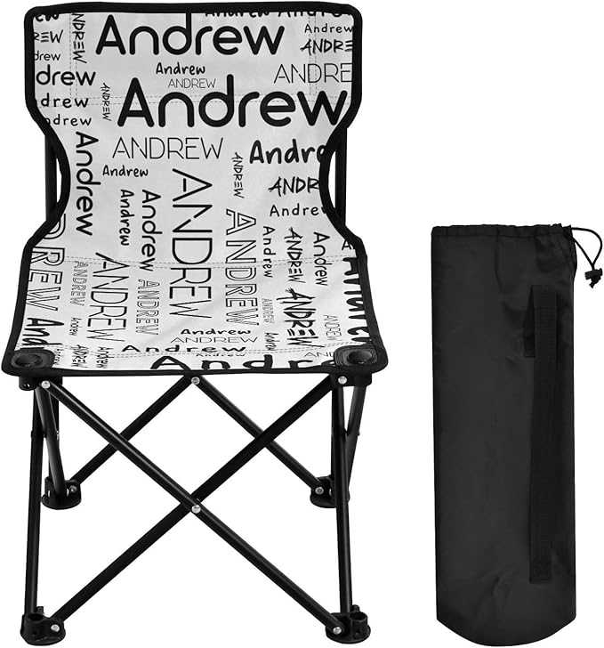Sinestour White Custom Folding Camping Chair for Teen Child Personalized Name 14.6×14.6in Portable Outdoor Chair with Carry Bag for Picnic Barbeques Beach