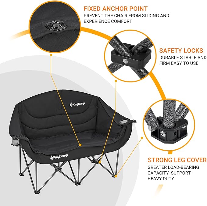 KingCamp Double Camping Chair Oversized Heavy Duty 550lbs Loveseat for Adults Portable Folding XL 2 Person Couch Padded Comfortable Two Seat with Cup Holder for Outdoor Lawn Backyard Black