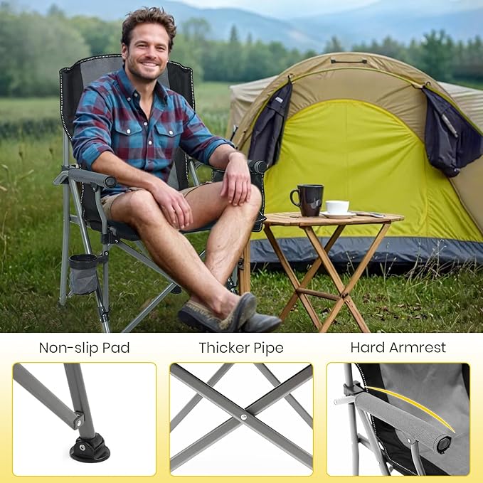 XGEAR Camping Chair with Padded Hard Armrest Sturdy Folding Camp Chair with Cup Holder Storage Pockets Carry Bag Included Support to 400 lbs