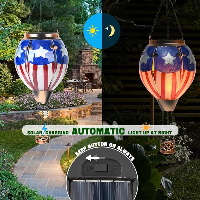 Hot Air Balloon Solar Lantern - U.S Flag Patriotic Glass Lantern Simulated Flickering &amp Dancing Flame Outdoor Hanging Yard Light Waterproof IP65 Ideal 4th of July Gift for Patriot Patio Decor