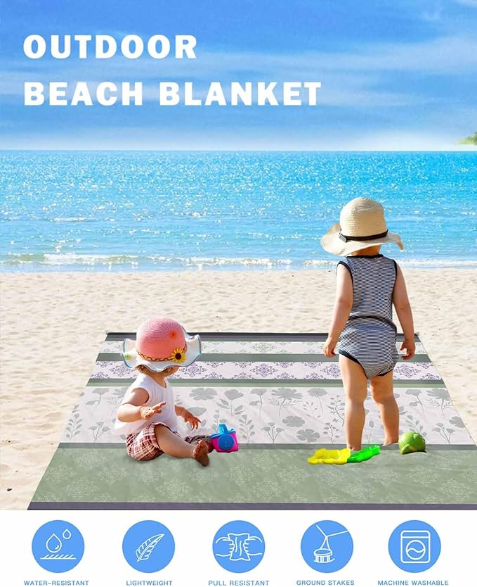 Beach Blanket Waterproof Sandproof OversizedCountry Wildflower Abstract Stripe Beach Mat with Corner Stakes Sand PocketsRetro Ethnic Geometric Outdoor Picnic Mat for Travel Camping Hiking108x84In
