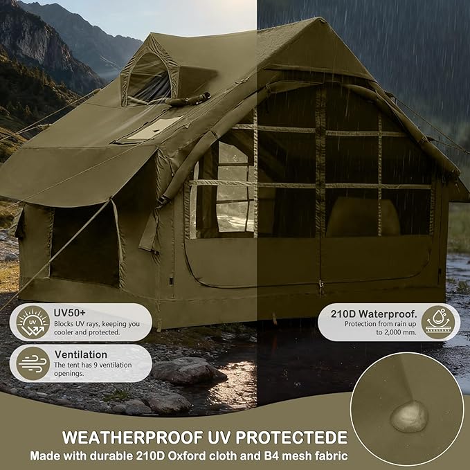 Inflatable Tents with Hand Pump Hot Tent with Stove Jack Easy Blow Up Glamping Tent with Mesh Windows 4-6 Person Instant Family Camping Tents Waterproof for 4 Seasons