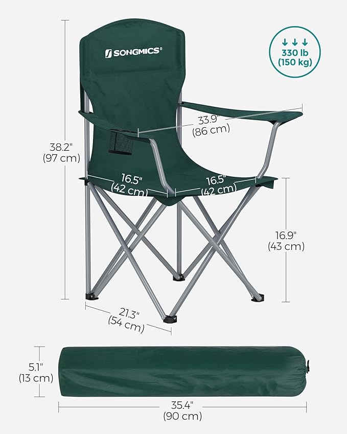 SONGMICS 2 Pack Folding Camping Chairs Load 330 lb Cup Holder and High Backrest Heavy-Duty Structure for Lawn Garden Fishing Terrace Dark Green UGCB08GN