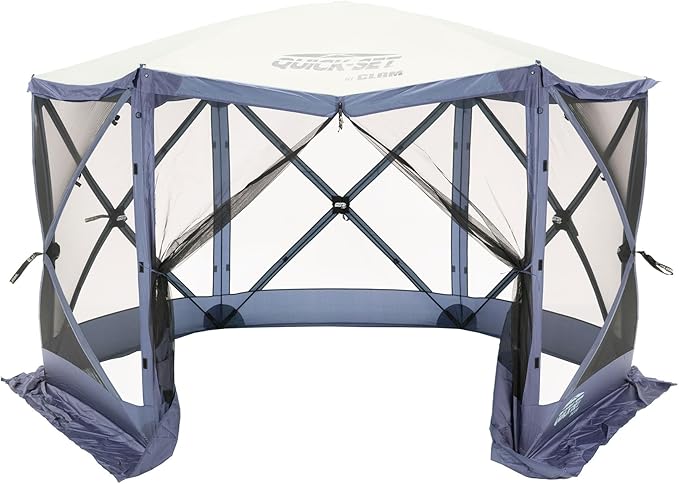 CLAM Escape 11.5' Pop-Up Screen Tent – Blue Outdoor Camping Gazebo Canopy with No-See-Um Mesh Carry Bag &amp Stakes – 6-Sided Portable Shelter for Camping Picnics &amp Events – Fast 45-Second Set
