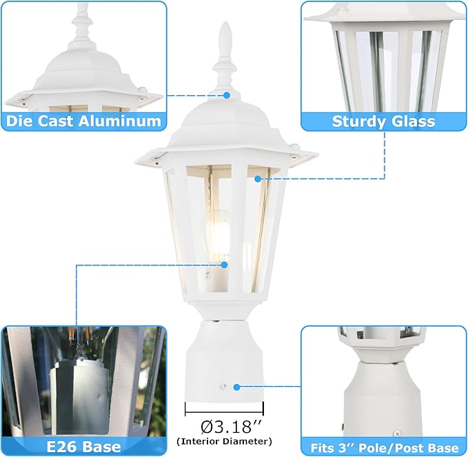 LIT-PaTH 16 Inch Outdoor Lamp Post Light Fixture Exterior Pole Lantern with Clear Glass Hardwired Aluminum Post Lighting for Driveway Garden Yard White 2-Pack