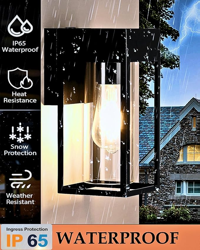 2-Pack Outdoor Wall Light Fixtures Waterproof Exterior Wall Lanterns Porch Lights with E26 Sockets &amp Cylinder Glass Shades Modern Matte Black Wall Sconce for Porch Patio Garage