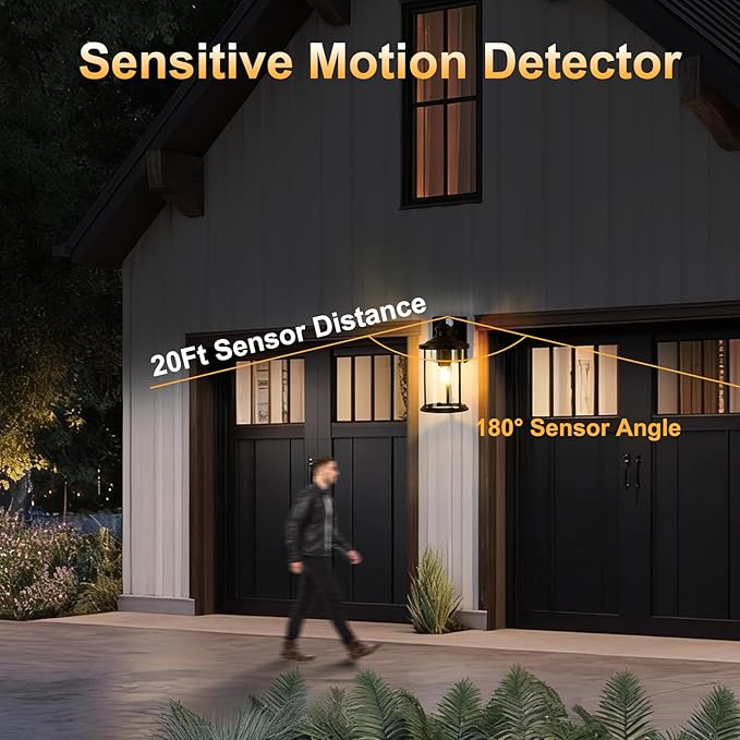 OKELI Porch Lights Outdoor Dusk to Dawn Motion Sensor Solar Wall Lantern Separate Panel &amp Battery Replaceable Exterior Waterproof Wall Sconce Lighting Lamp (Black B 1 Pack)