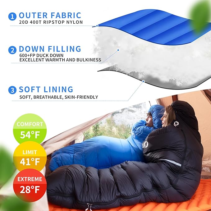 Down Sleeping Bag for Adults 600 Fill Power Ultralight &amp Compact with Compression Sack for Backpacking Camping Hiking