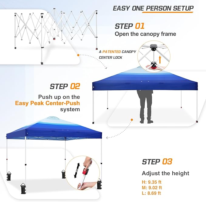 EAGLE PEAK Pop Up Canopy Tent with Wheeled Carry Bag 8 Stakes 4 Ropes 4 Weight Bags Easy Set Up Tent Canopy 10x10 ft 100sqft of Shade Blue Fade Stripe