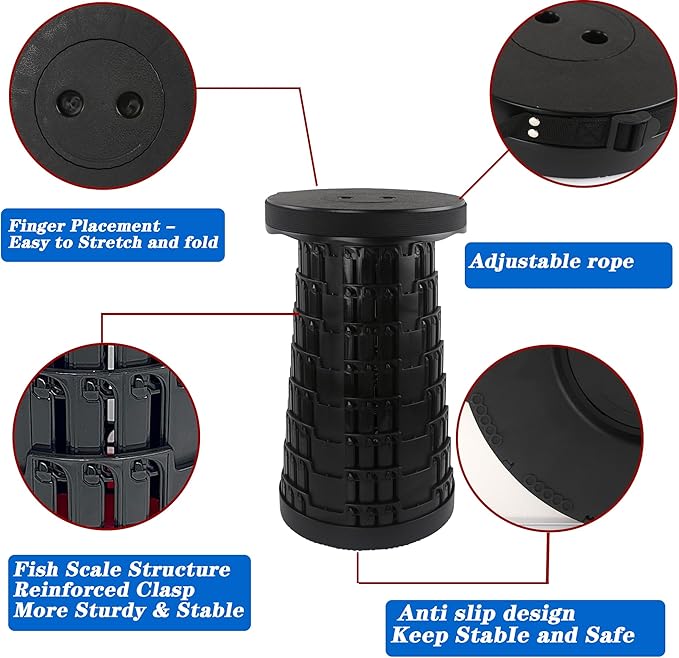 Folding Stool Collapsible Stool for Adults Portable Stools Foldable Sturdy Versatile Telescoping Ideal for Camping Fishing Hiking BBQ and Outdoor Adventure (Holds up to 440lbs Black)