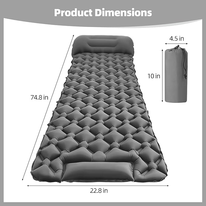 Inflatable Sleeping Pad with Pillow 40D Nylon TPU Ultralight Sleeping Mat with Foot Press for Camping Backpacking Hiking Inflated 74.8 x 22.8 x 2 in