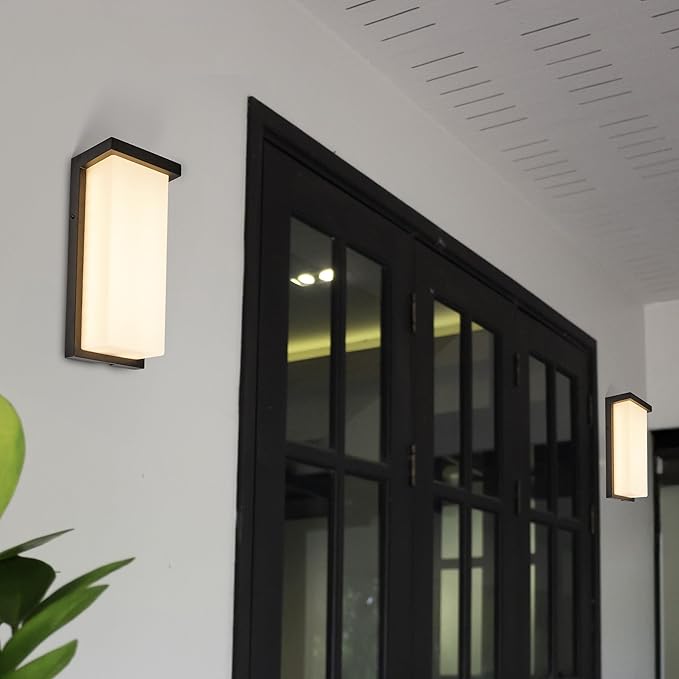 Maxxima 14 LED Porch Lantern Outdoor Wall Light Black with Frosted Lens 2500 Lumens 5 CCT 2700K/3000K/3500K/4000K/5000K Modern Exterior Patio Sconce Lantern