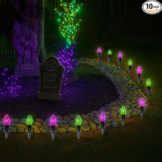 Halloween Stake Lights 10PK C9 LED Pathway Lights with Purple &amp Green Bulbs 19.5ft Outdoor Walkway Lights Waterproof Extendable Yard Driveway Porch &amp Garden Halloween Decorations