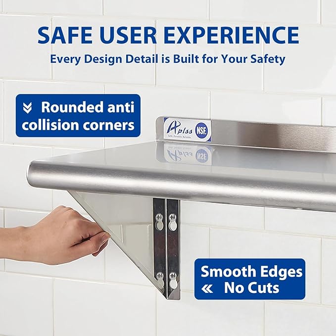 APLSS NSF Stainless Steel Wall Shelf 12 x 48 Inches 255 lb Floating Mount Rack for Commercial &amp Residential Use