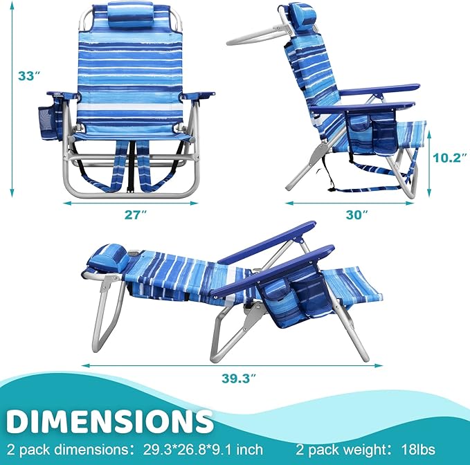 LEMBERI Backpack Beach Chairs for Adults1/2 Pack Folding Heavy Duty Camping Chair with Large Pockets and Cup HolderAdjustable high Beach Lounge Chairs with Towel Rack for OutdoorTravel (2 Blue)