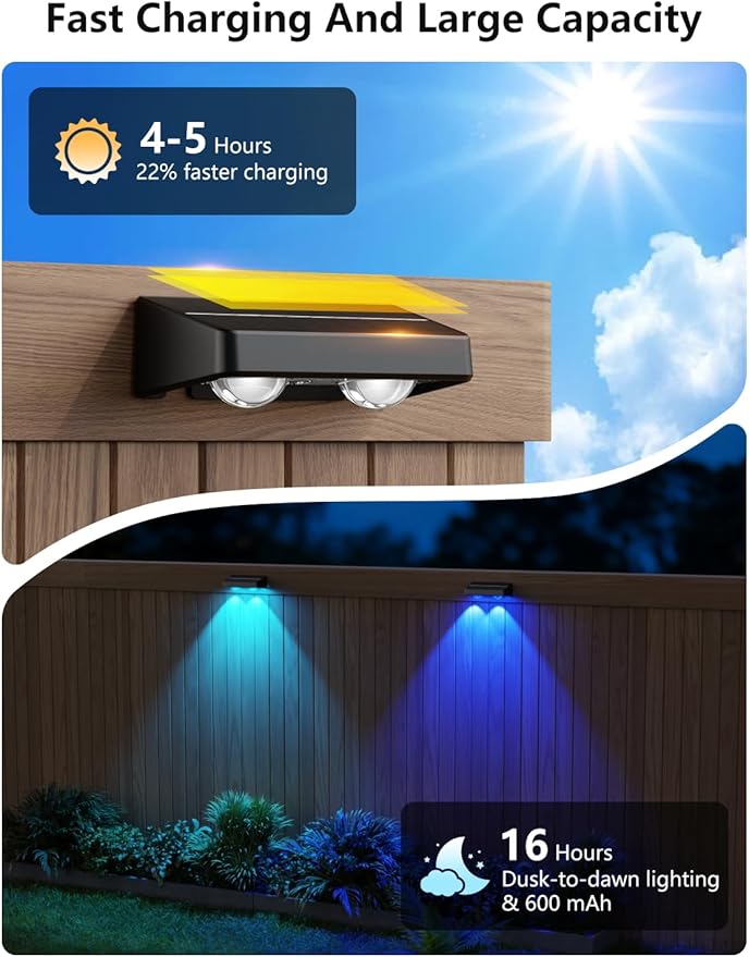 Solar Fence Lights Outdoor 12 Pack Color Changing Fence Lights Solar Powered with 9 RGB Colors &amp 11 Lighting Modes IP65 Waterproof Dusk to Dawn Fence Lights for Patio Deck Wall Backyard