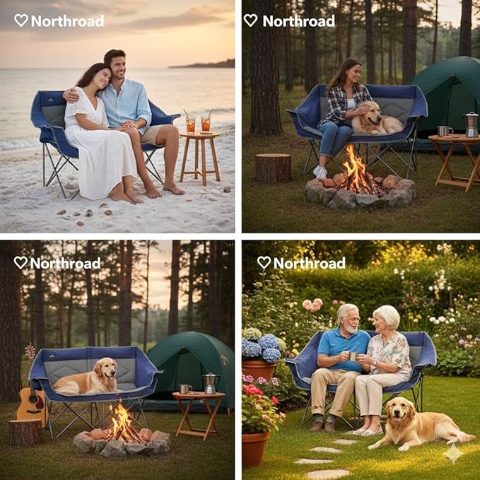 Northroad Folding Loveseat Camping Chair Portable Double Duo Full Padded Garden Chair for 2 Person Sofa w/ 2 Cup HolderWine Glass HolderMesh StorageSupport 500lbs for Picnic Beach Travel(Blue)