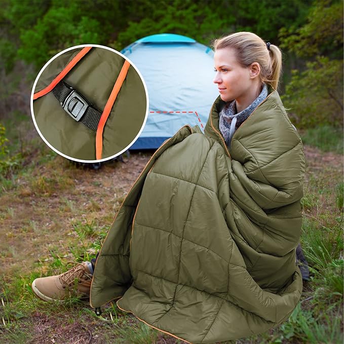 Outdoor Puffy Camping Blanket Lightweight Down Alternative Puffy Printed Camping Large Ultra Warm Hammock Top Quilt Waterproof Blanket for Traveling Picnic Beach Party Cold Weather (Olive)