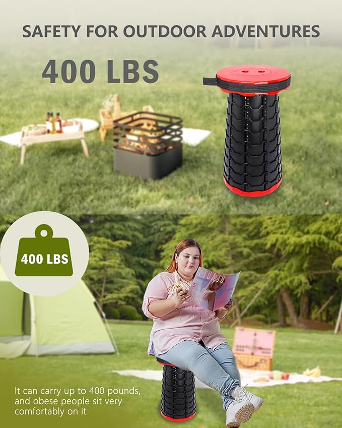 Upgraded Foldable Collapsible Stool 400LBS - Portable Adjustable Height Folding Seat for Outdoor Camping Hiking BBQ Gatherings (Black and Red)