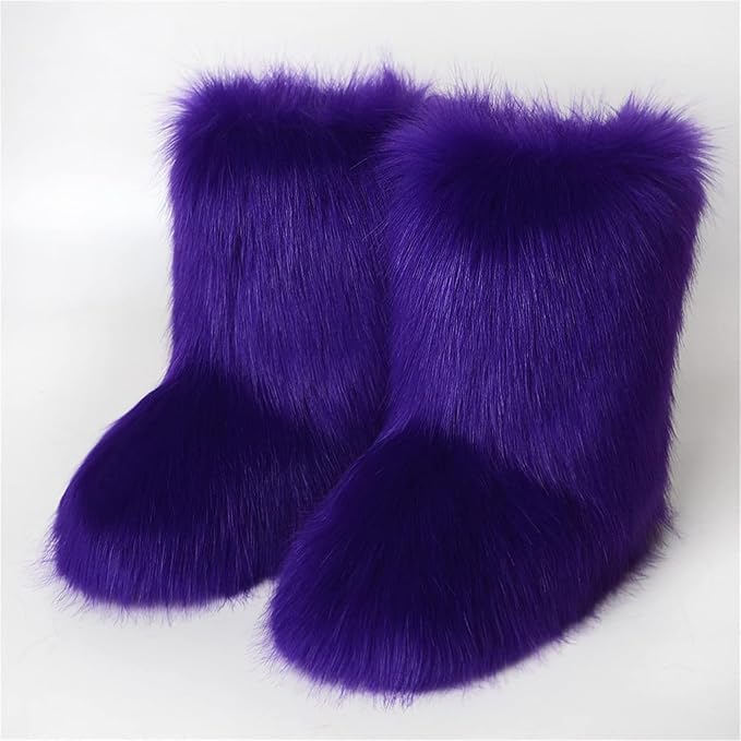 Womens Furry Faux Fur Booties Winter Warm Snow Ankle Boots Fuzzy Fluffy Furry Mid Calf Boots Outdoor Comfy Flat Shoes