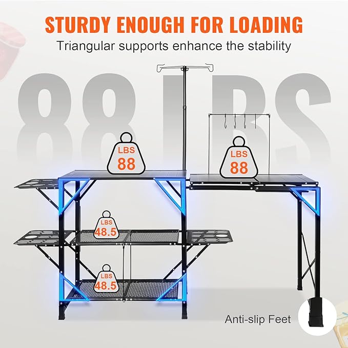 VEVOR Camping Kitchen Table with Sink Aluminum Folding Portable Outdoor Cook Station 2 Shelves &amp Carrying Bag for Picnic BBQ Beach Traveling