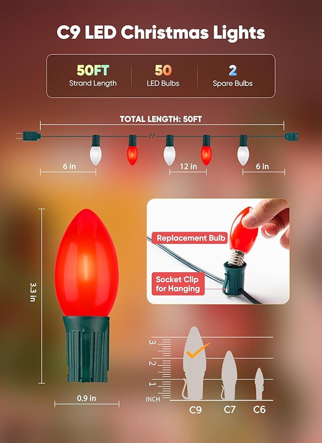 C9 LED Christmas Lights Outdoor 50 Feet String with 50 Shatterproof Matte Bulbs Connectable Waterproof Tree Lights for Holiday Roofline Backyard Garden Decor Red &amp Pure White