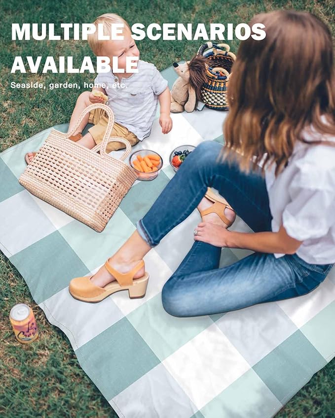 Beach Blanket Waterproof Sandproof Picnic Blanket 108x84 Foldable Beach Mat with Spring Plaid Blue Simple Pattern for Camping Park Grass Beach Travel