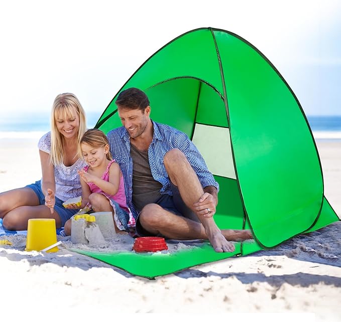 Pop Up Beach Tent Sun Shade Shelter Anti-UV Automatic Beach Tent Canopy for 2-3 People with Net Window Carry Bag for Park Camping (Green)