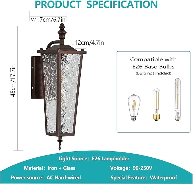 Brown Outdoor Wall Light Fixtures Waterproof Exterior Wall Lantern with E26 Socket &amp Glass Shade 16.7in Porch Sconce Lighting for Garage Patio Front Door Entryway