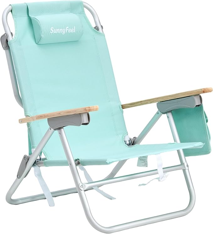 SUNNYFEEL Low Back Folding Beach Chair Aluminum Heavy Duty Beach Chair with 5-Position Portable Camping Chair for Adults with Wood Armrest Lightweight Camping Chair 300lbs Green