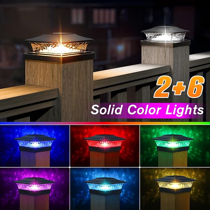 APONUO Solar Post Cap Lights with 8 RGB Solid Colors &amp Multicolor Flow - 8 Pack 6x6 Post Cap Solar Light IP65 Waterproof - Fits 4x4 5x5 6x6 Wood &amp Vinyl Posts - Black