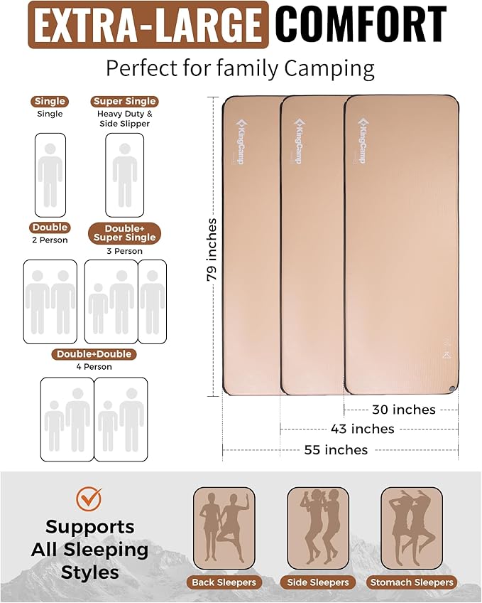 Kingcamp FLEXIREST Inflatable Sleeping Pad for Camping No Sag PVC-Free High-Support Air Camping Mattress Single Twin Double Sleeping Mat for Car Tent Outdoor Glamping Cot Travel 1100lbs Capacity
