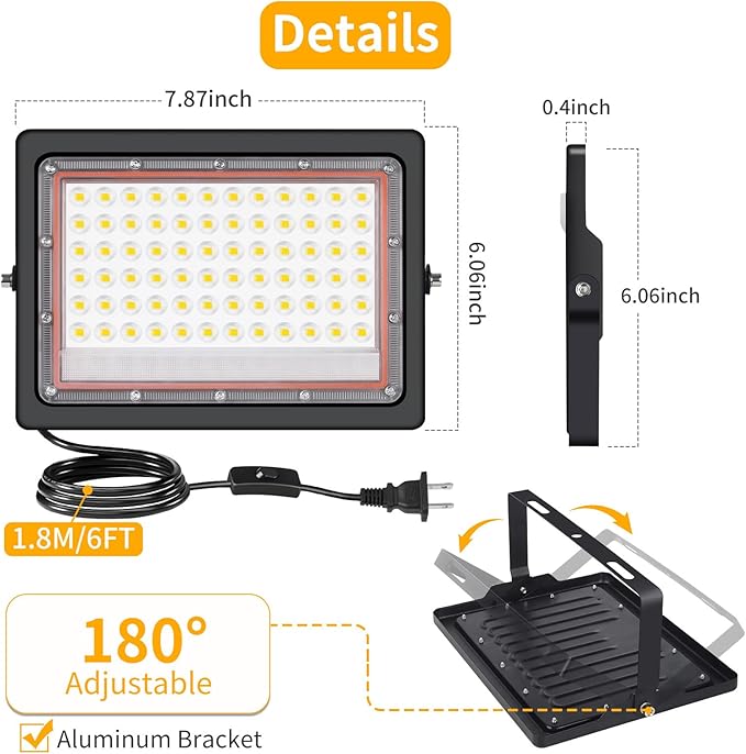 60W LED Flood Light Outdoor with 6ft Plug 7200LM Brighter Exterior Security Lights 5000K Daylight Floodlights IP66 Waterproof for Yard Garage Workshop Lawn 2 Pack