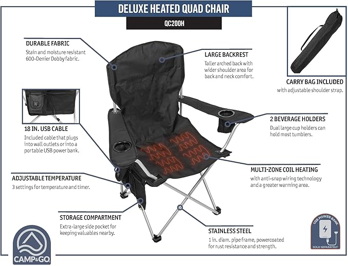 CAMP &amp GO Heated Deluxe Quad Camping Chair Folding Heated Chair with 18 USB Cable Storage Compartment and Cup Holders Black