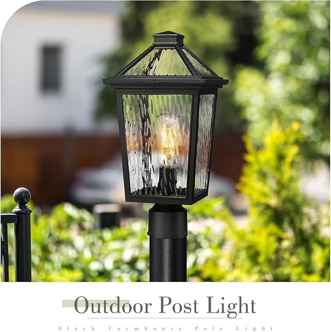 zeyu 16.5 Inch Large Post Lights Post Lamps Outdoor for Garden Porch Die-Cast Aluminum with Water Ripple Glass Black Finish ZX58MP-SW BK