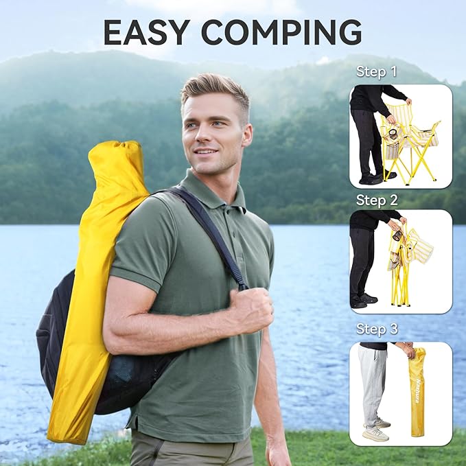 Nazhura 2 Pack Folding Camping Chair with Cooler Pouch Mesh Backrest and Cup Holder Pocket (Yellow 2 Pack)