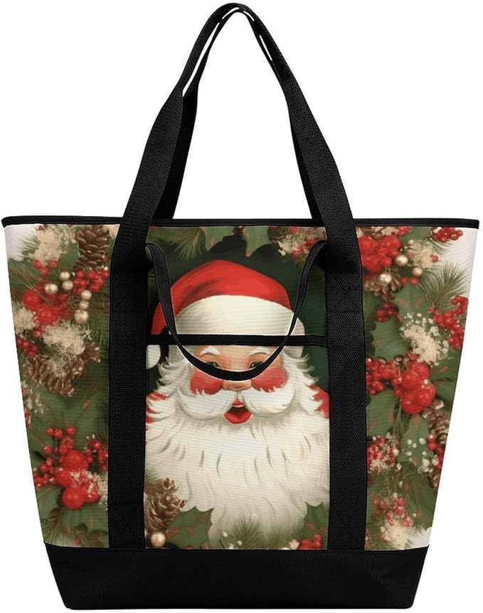 Insulated Shopping BagLarge Reusable Cooler Bags Christmas Holiday Santa Claus Wreath Printed Foldable Shopping BagTravel Waterproof Shoulder Bag