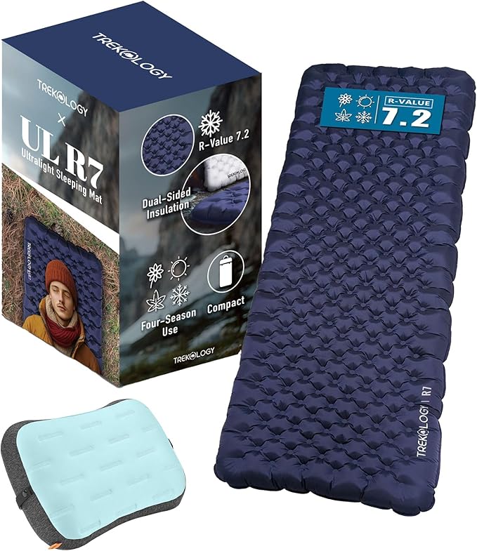TREKOLOGY UL R7 Camping Sleeping Pad &amp Inflatable Beach Pillow Bundle – Lightweight Compact Waterproof Sleeping Pad with Ergonomic Inflatable Pillow for Camping Hiking Beach and Outdoor Adven