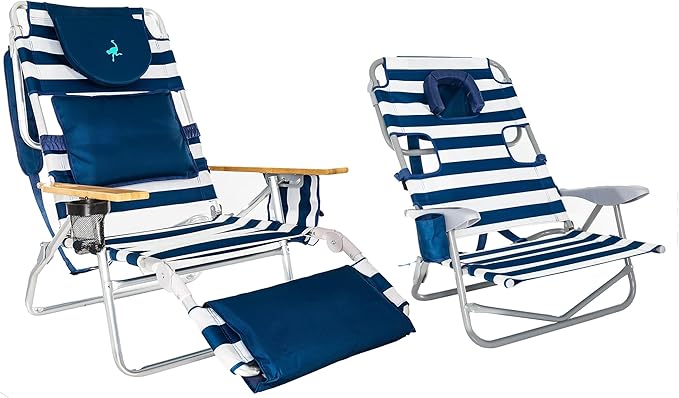 Ostrich Portable Deluxe 3-in-1 Padded Sports Chair w/5 Positions and Footrest &amp On-Your-Back Outdoor Camping Recliner w/5 Positions Blue Stripe